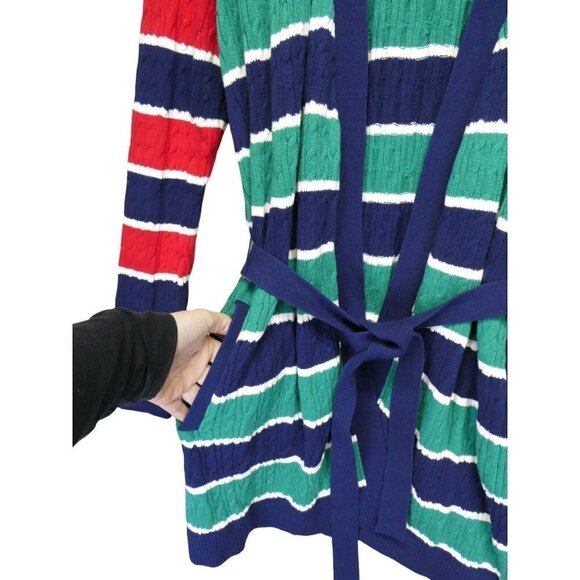 Lands End Cable Knit‎ Tie Front Cardigan Size M Tall 10-12 Stripe Green Red Blue - Picture 5 of 12